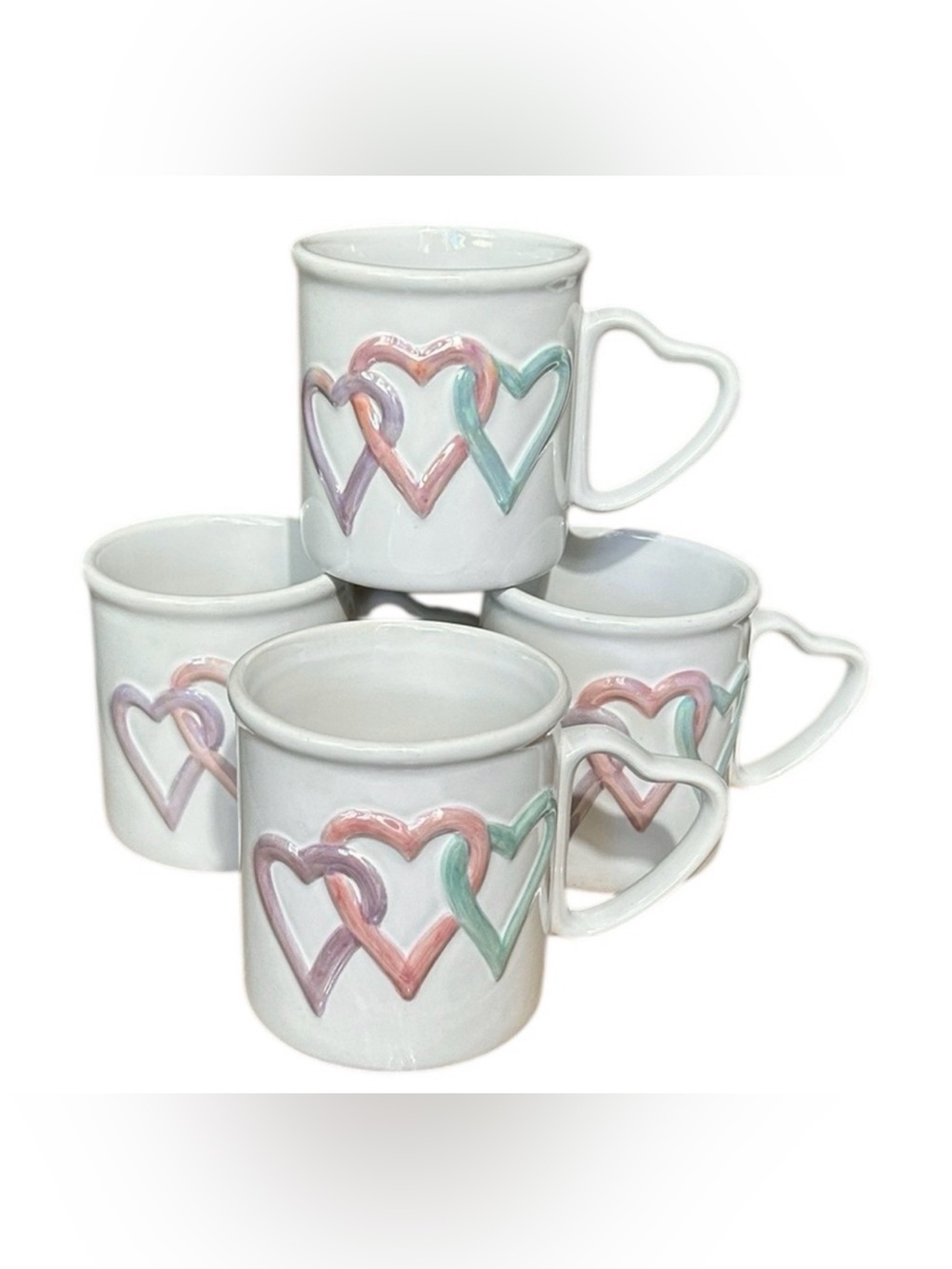 Vintage MARY KAY Set 4 Heart Handle Coffee Mugs Iridescent Trio Hearts Ceramic